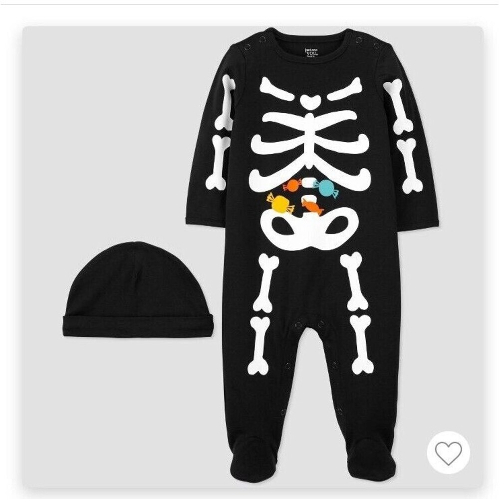3M Halloween Skeleton Outfit Footed Romper Crawler 100% Cotton With Hat
